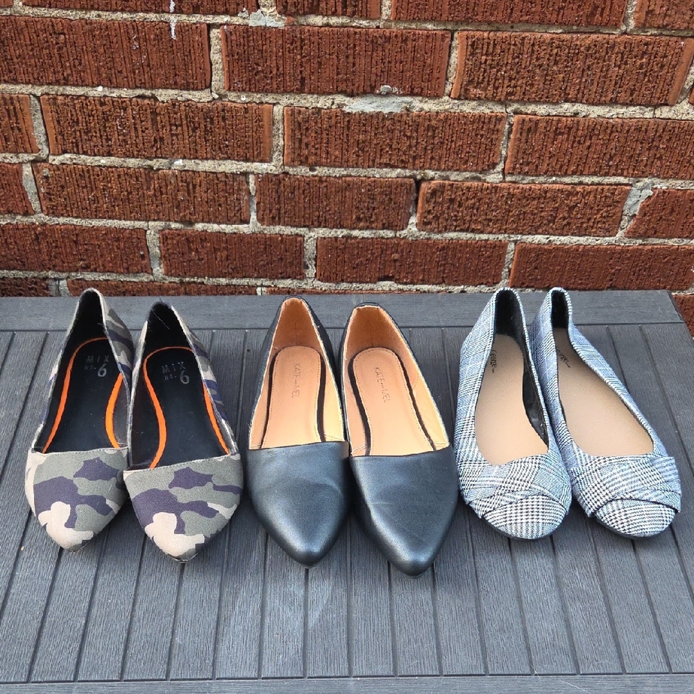 3 Pairs Of Women's Flats - Camouflage/plaid/black Sz10